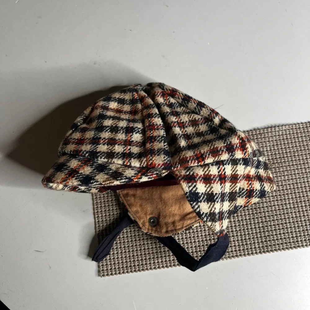 Vintage Kids Deerstalker Hat Plaid Wool Sherlock Holmes Cap with Ear Flaps 70s